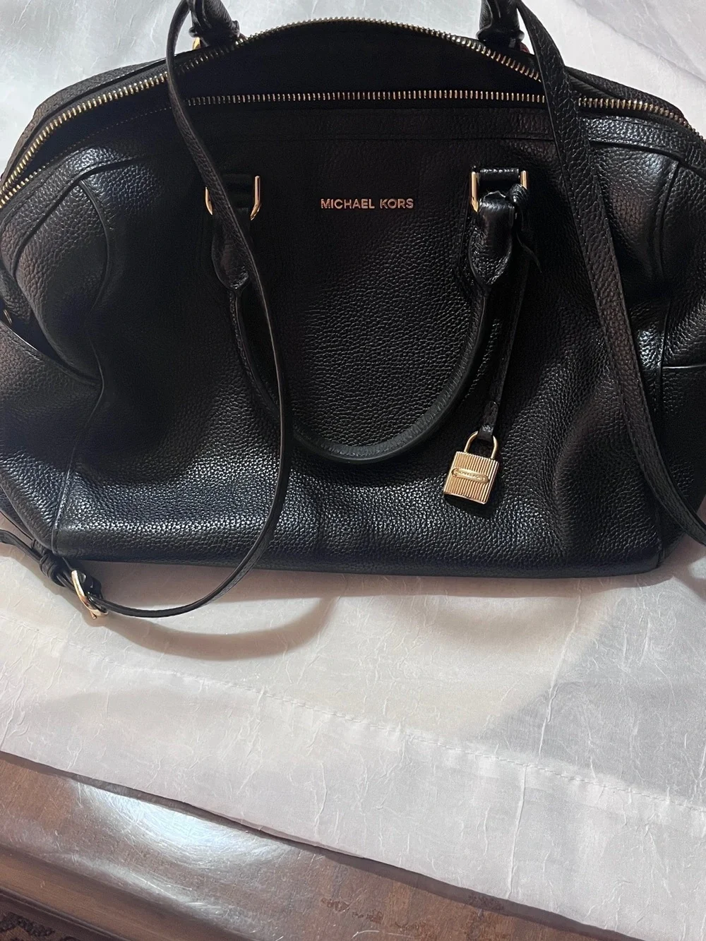 MICHAEL KORS Black Leather Satchel with Gold Hardware
